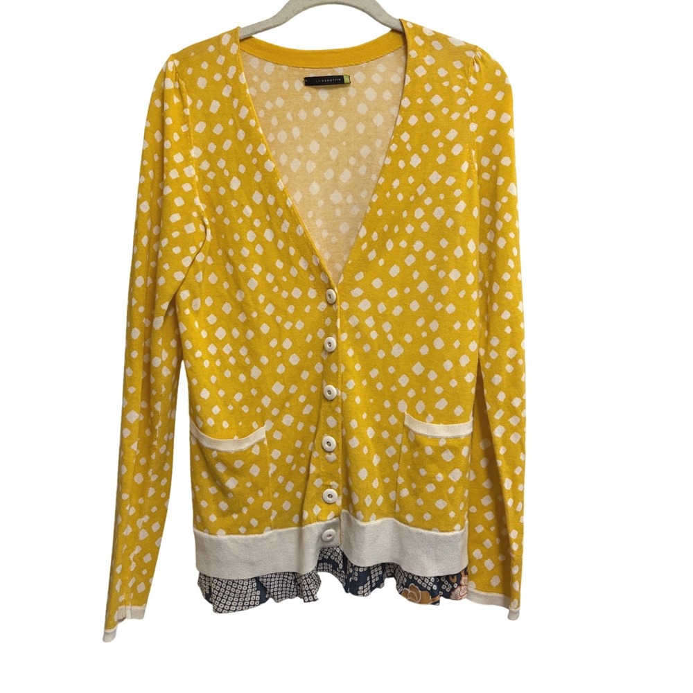Anthropologie Leifsdottir Yellow Polka Dot Cardigan Ruffle Hem Boho Sweater S
